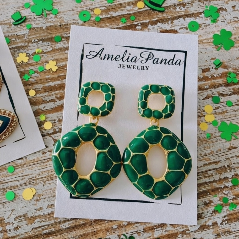NEW AmeliaPanda Green/Gold Statement Earrings